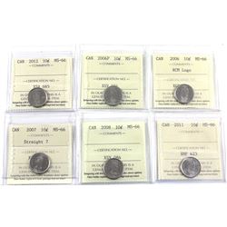 10-cent 2006P, 2006 RCM Logo, 2007 Straight 7, 2008, 2011, & 2012 ICCS Certified MS-66. 6pcs.