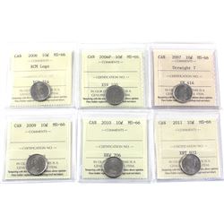 10-cent 2006 RCM Logo, 2006P, 2007 Straight 7, 2009, 2010, & 2011 ICCS Certified MS-66. 6pcs.