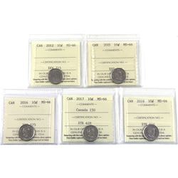 10-cent 2012, 2015, 2016, 2017 150th, & 2018 ICCS Certified MS-66. 5pcs.