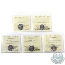 10-cent 2015, 2016, 2017 Bluenose, 2017 Canada 150 & 2018 ICCS Certified MS-66. 5pcs