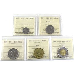 10-cent, 25-cent, 50-cent, Loon $1 & $2 John McCrae 2015 ICCS Certified MS-66. 5pcs