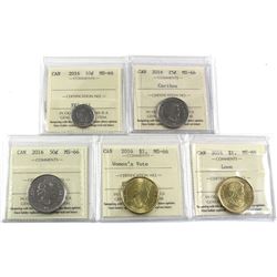 10-cent, 25-cent Caribou, 50-cent, Women's Right to Vote $1, & Regular Loon 2016 ICCS Certified MS-6