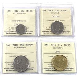 10-cent, 25-cent, 50-cent & Loon $1 2018 ICCS Certified MS-66. 4pcs