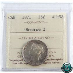 25-cent 1871 Obverse 2 ICCS Certified AU-58. A bright coin with hints of violet tones.