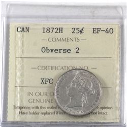 25-cent 1872-H Obverse 2 ICCS Certified EF-40.