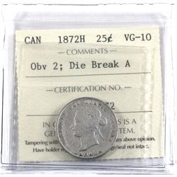 25-cent 1872-H Obverse 2, Die Break A (looks like a Inverted "A" variety)  ICCS Certified VG-10. *Ra
