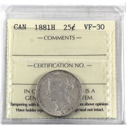 25-cent 1881-H ICCS Certified VF-30.