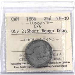 25-cent 1886 Obverse 2; Short Bough Ends ICCS Certified VF-20.