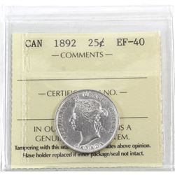 25-cent 1892 ICCS Certified EF-40. A nice mid-grade Victorian coin!