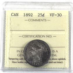 25-cent 1892 ICCS Certified VF-30.