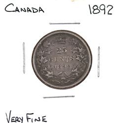 25-cent 1892 in VF condition an attractive mid-grade example of this Victorian date.