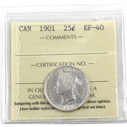 25-cent 1901 ICCS Certified EF-40. Bright coin with traces of mint luster throughout.