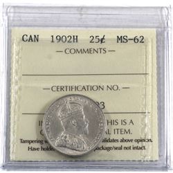 25-cent 1902-H ICCS Certified MS-62. A high grade Edwardian coin with nice original mint lustre!