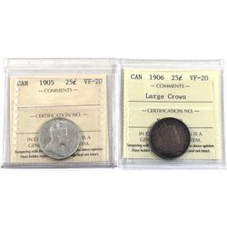 25-cent 1905 & 1906 Large Crown ICCS Certified VF-20. 2pcs