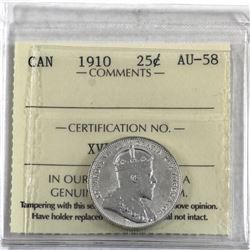25-cent 1910 ICCS Certified AU-58. Nice blast white coin with frosted fields!