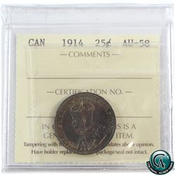 25-cent 1914 ICCS Certified AU-58. This coin has very attractive toning with deep indigo blues and v