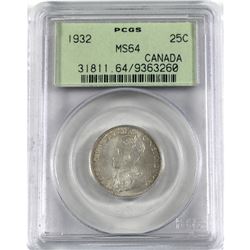 25-cent 1932 PCGS Certified MS-64. Light tones with underlying frosted white fields (in old green la