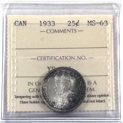 25-cent 1933 ICCS Certified MS-63. bright lustrous centers accented by medium tones around the edges