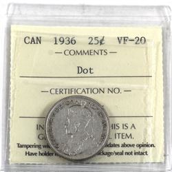 25-cent 1936 Dot ICCS Certified VF-20.