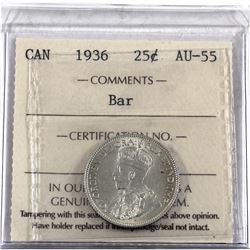 25-cent 1936 Bar ICCS Certified AU-55.