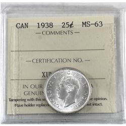 25-cent 1938 ICCS Certified MS-63.