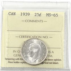 25-cent 1939 ICCS Certified MS-65! A full blast white coin with Marble like lustre.