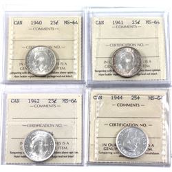 25-cent 1940, 1941, 1942, & 1944 all ICCS Certified MS-64. All have exceptional eye appeal (4pcs)