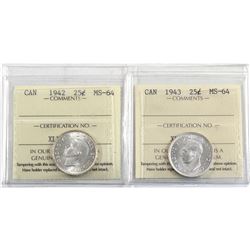 25-cent 1942 & 1943 ICCS Certified MS-64. 2pcs