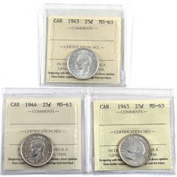 25-cent 1943, 1944 & 1945 ICCS Certified MS-63. 3pcs