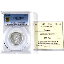 25-cent 1945 ICCS (Cameo) /PCGS Certified MS-65. A bright coin with mirror like fields.