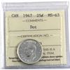 Image 1 : 25-cent 1947 Dot ICCS Certified MS-63. Nice white high grade example of a scarcer variety.