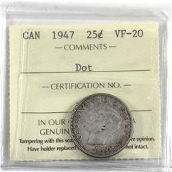 25-cent 1947 Dot ICCS Certified VF-20.