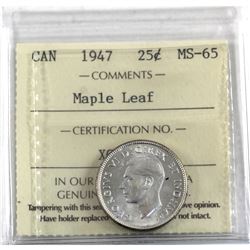 25-cent 1947 Maple Leaf ICCS Certified MS-65.