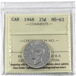 25-cent 1948 ICCS Certified MS-63. A full white coin.