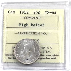 25-cent 1952 High Relief ICCS Certified MS-64