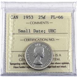 25-cent 1953 Small Date SF ICCS Certified PL-66 Ultra Heavy Cameo.
