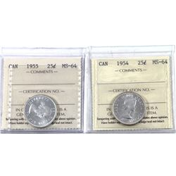 25-cent 1954 & 1955 both ICCS Certified MS-64. Both bright white coins (2pcs)