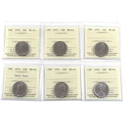 25-cent 1970, 1971, 1972, 1973 Small Bust, 1974 & 1976 ICCS Certified MS-65. 6pcs