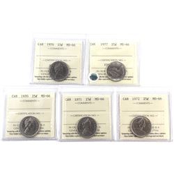 25-cent 1970, 1971, 1972, 1974 & 1977 ICCS Certified MS-66. 5pcs