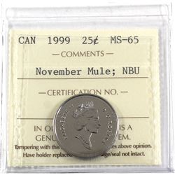 25-cent 1999 November Mule ICCS Certified MS-65 NBU