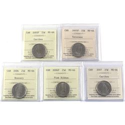 25-cent 2005P, 2005P Veterans, 2006 Bravery, 2006P Pink Ribbon & 2007 ICCS Certified MS-66. 5pcs