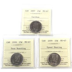 25-cent 2007, 2008 Snowboarding & 2009 Speed Skating ICCS Certified MS-67. Top grades! 3pcs