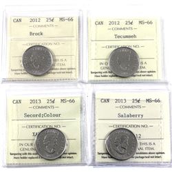 25-cent 2012 Brock, 2012 Tecumseh, 2013 Secord Colour & 2013 Salaberry ICCS Certified MS-66. 4pcs