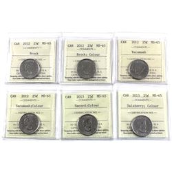25-cent 2012 Brock, 2012 Coloured Brock, 2012 Tecumseh, 2012 Coloured Tecumseh, 2013 Coloured Secord