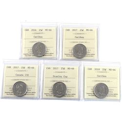 25-cent 2016, 2017, 2017 Canada 150, 2017 Stanley Cup & 2018 ICCS Certified MS-66. 5pcs