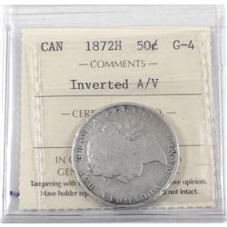 50-cent 1872-H Inverted A/V ICCS Certified G-4. Full Date and lettering with some small rim bumps.