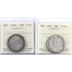 50-cent 1934 & 1936 ICCS Certified F-15. 2pcs.