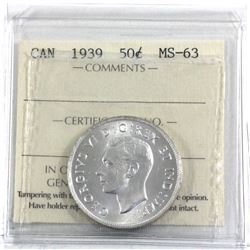 50-cent 1939 ICCS Certified MS-63. Blast white coin with great eye appeal.