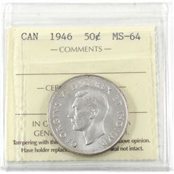 50-cent 1946 ICCS Certified MS-64! Bright Lustrous coin.