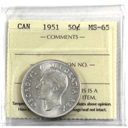 50-cent 1951 ICCS Certified MS-65. A bright flashy coin.